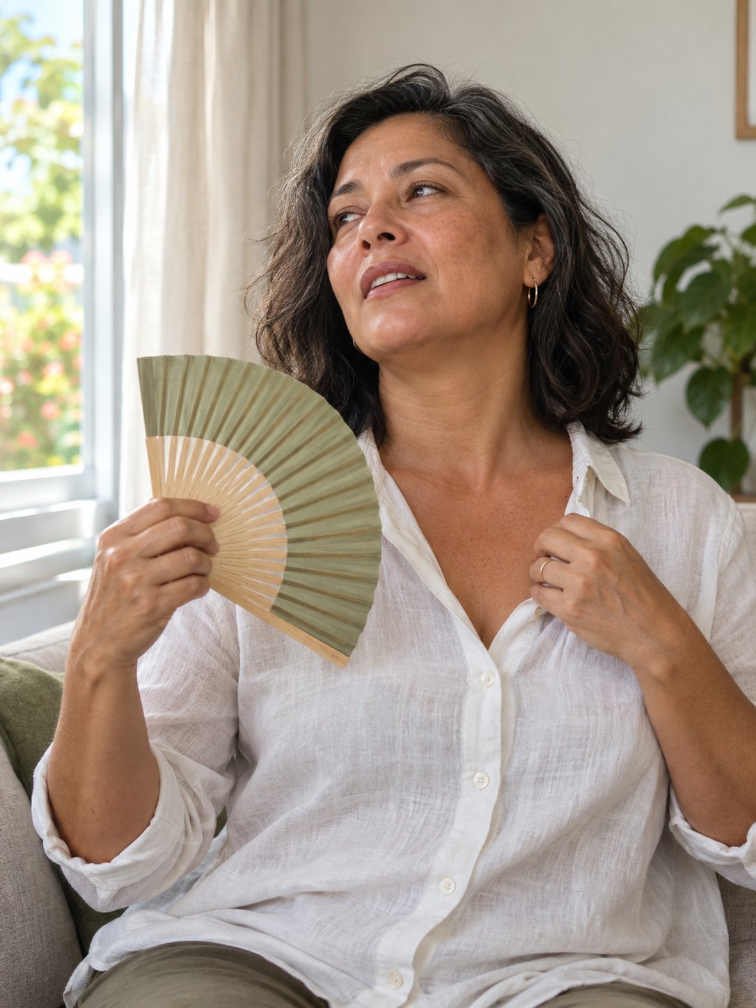 Cena ilustrativa gerada: mulher se refrescando com um leque junto à janela.