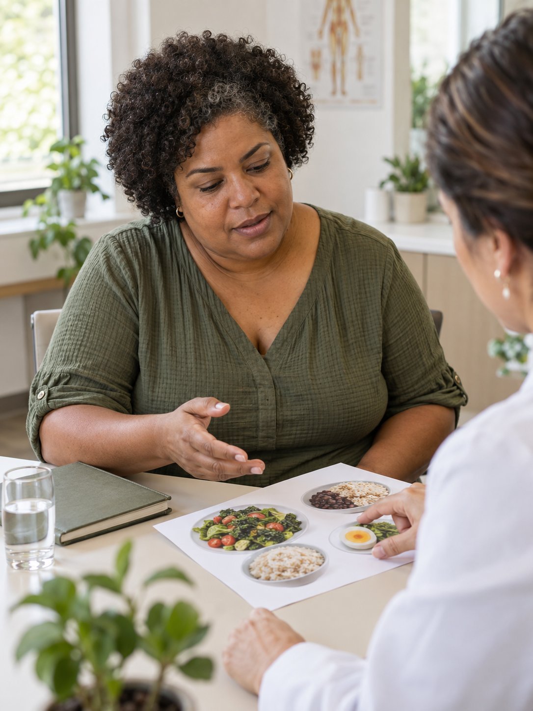 Cena ilustrativa gerada: conversa sobre alimentação e rotina.